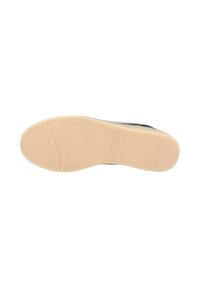 Schwarze Sneaker-Sohle mit strukturiertem Grip-Muster, aus beigem Gummi gefertigt, mit glatter Kante und leichter Krümmung an der Ferse.