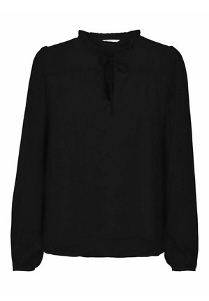 Blusa lunga nera a maniche lunghe realizzata in tessuto leggero, con colletto arricciato, scollatura legata e superficie liscia con delicate pieghe alle spalle.
