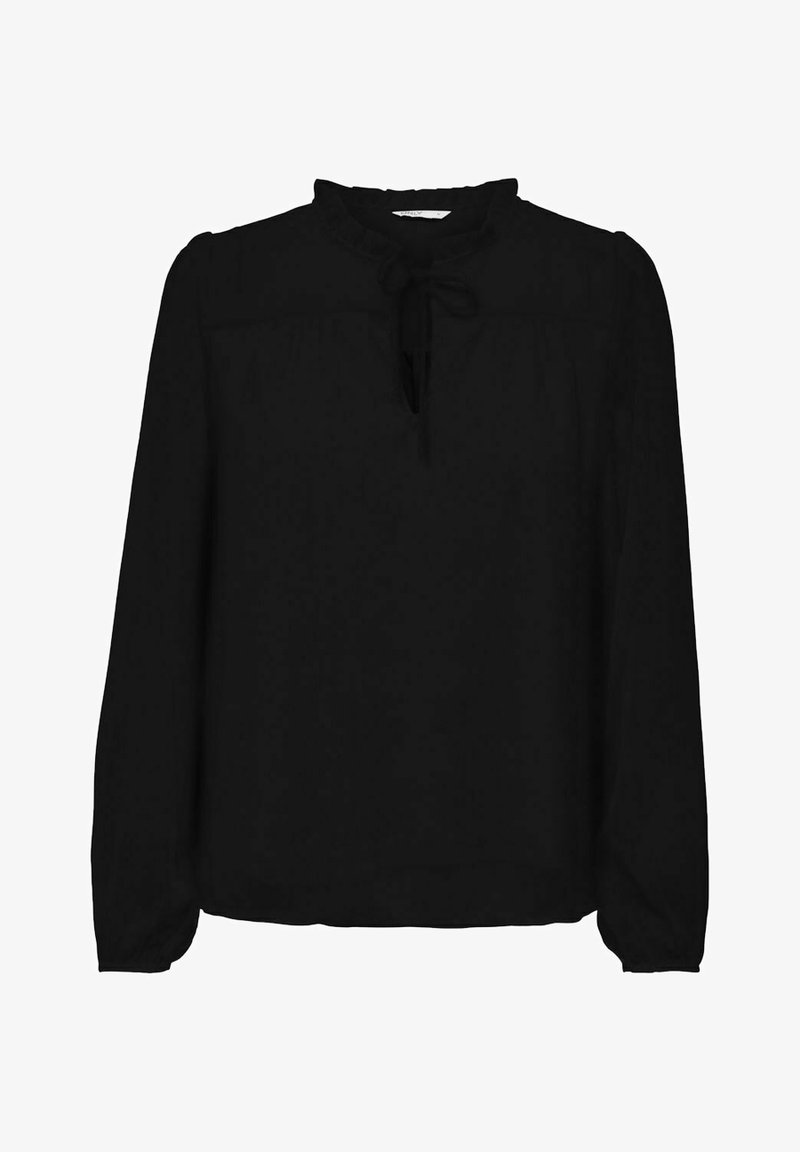 Blusa lunga nera a maniche lunghe realizzata in tessuto leggero, con colletto arricciato, scollatura legata e superficie liscia con delicate pieghe alle spalle.