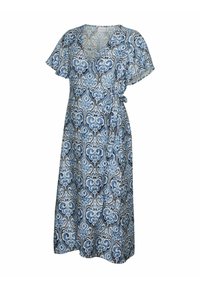 Vestido en envoltura de estampado azul y blanco con mangas cortas y vuelo, detalle de lazo en el lado, de longitud a la rodilla con escote en V.