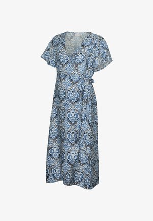 Blå og hvit mønstret omslagskjole med korte flagrende ermer og detaljer med sidesnor, knelengde med V-hals.