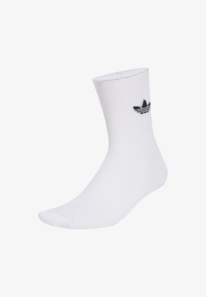 Weißer Baumwollsocken mit geripptem Bund und schwarzem gesticktem Logo, das drei Streifen und ein Blattdesign zeigt. Glatte Textur und Standard Crew-Länge.