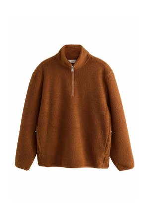 Brauner Fleece-Pullover mit langen Ärmeln, halbem Reißverschluss, hohem Kragen und seitlichen Taschen, aus strukturiertem, weichem Teddy-Stoff gefertigt.