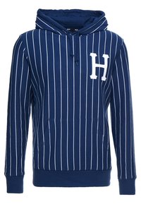 Mörkblå hoodie med vita vertikala ränder, känguruficka och ett vitt bokstav "H" på framsidan. Mjuk tyg med dragsko i huvan.