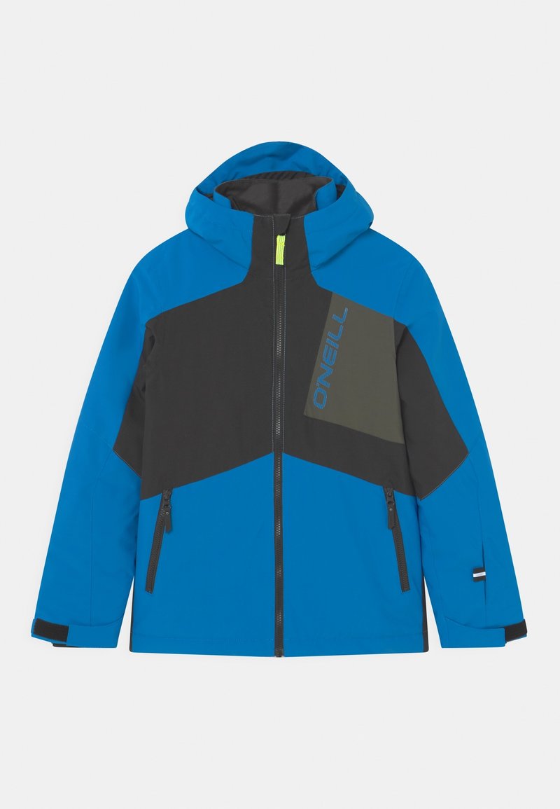Veste à capuche bleue et noire avec fermeture éclair frontale, deux poches zippées, bracelets aux poignets en Velcro et logo "O'NEILL" sur le panneau de la poitrine.
