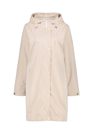 Cappotto impermeabile beige chiaro con cappuccio, chiusura a zip, bottoni a pressione e due tasche laterali. Presenta lacci e texture liscia.