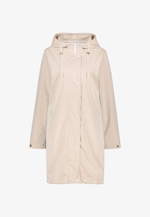 Cappotto impermeabile beige chiaro con cappuccio, chiusura a zip, bottoni a pressione e due tasche laterali. Presenta lacci e texture liscia.