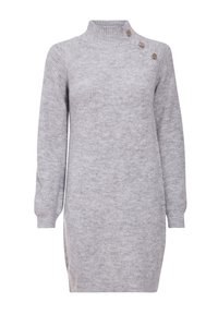 Robe-pull légère gris clair en maille avec un col haut, des manches longues et trois boutons décoratifs sur une épaule. Présente une texture côtelée.