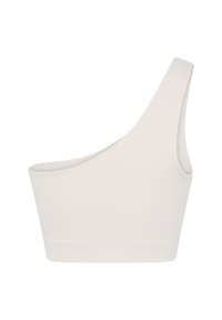 Asymetrický biely crop top s jedným širokým ramenným popruhom a bez rukávov.