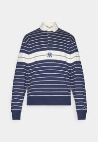 Navy and white striped long-sleeve polo shirt with a white collar and embroidered logo on the chest; ribbed cuffs and hem.