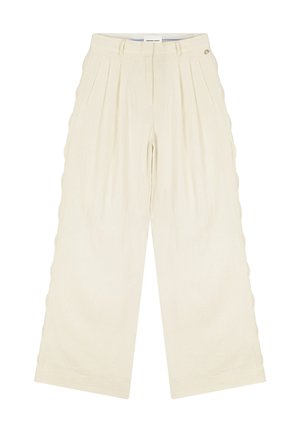 Roomy crèmekleurige broek met hoge taille en wijde pijpen, voorzien van plooien, een ritssluiting aan de voorkant, knoopsluiting, riemlussen en zijzakken.