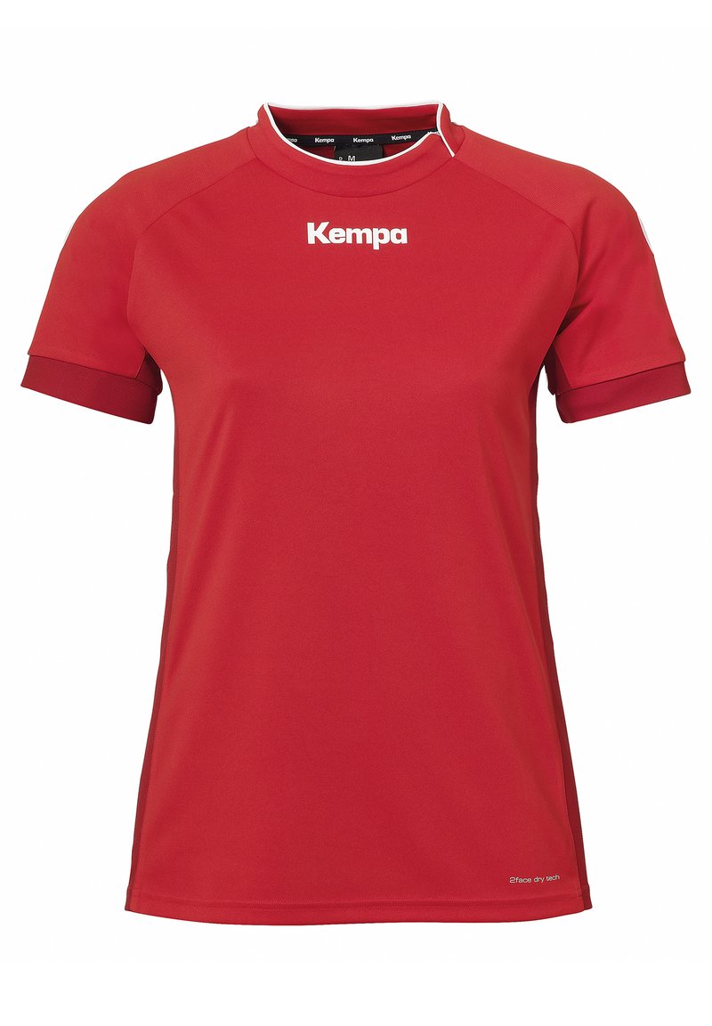 Rode sportshirt van lichtgewicht stof, met een ronde halslijn, korte mouwen en een wit logo op de voorkant.
