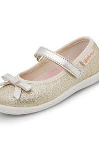 Złote, brokatowe buty Mary Jane z srebrnym paskiem i akcentem w postaci kokardy, charakteryzujące się teksturowaną powierzchnią i wyściółką amortyzującą.