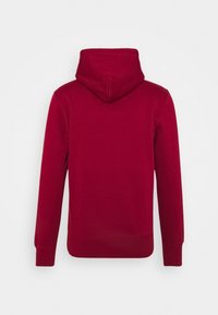 Sudadera con capucha roja de textura suave, con mangas largas y un corte relajado. Sin logotipos ni patrones visibles en la parte posterior.