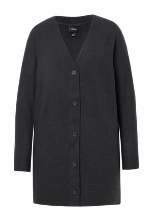 Lungo cardigan nero realizzato in morbido materiale, con scollo a V, chiusura frontale a cinque bottoni e polsini e orlo a costine.