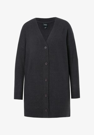 Długi czarny kardigan wykonany z miękkiego materiału, z dekoltem w serek, z pięcioma guzikami z przodu oraz ściągaczami przy mankietach i u dołu.