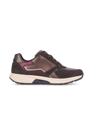 Low-top sneaker in dark brown and maroon leather with beige cushioned sole and black textured outsole, shown from the side on a white background.