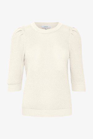 Kremasto obojeni džemper kratkih rukava od pletenog materijala s rebrastim manžetama i rubom, s blagim naborima na ramenima i okruglim izrezom.