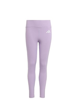 Leggings lilas en tissu extensible, dotés d'une taille haute et d'un accent de logo blanc Adidas près de la hanche. Texture lisse sur toute la surface.