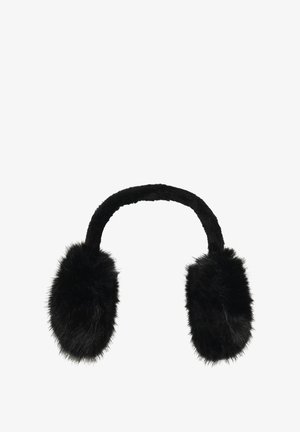 Orejeras de piel sintética negra con textura suave y esponjosa, con una banda curva negra para un ajuste seguro.