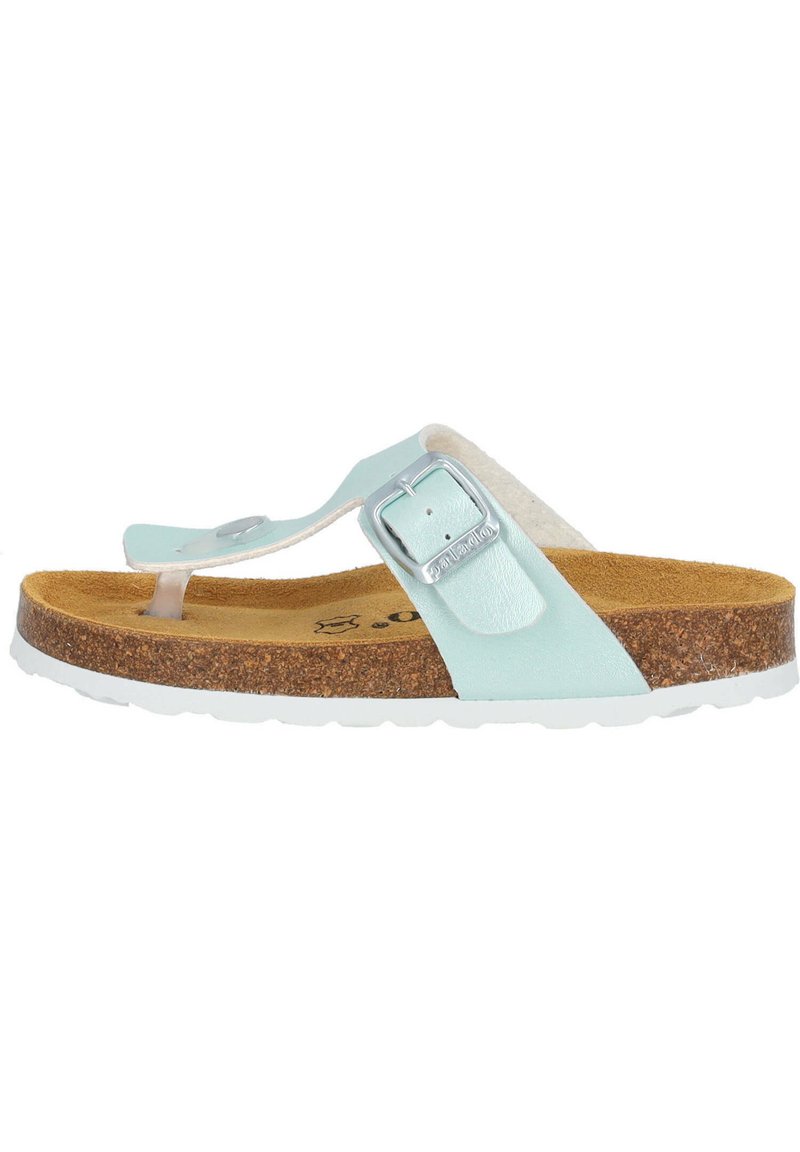 Ljusblå flip-flop sandal med en korkfotbädd, gummi yttersula och en silverfärgad spänne på remmen. Mjuk textur med slät yta.