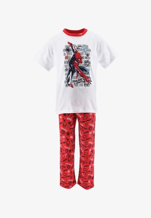 Witte katoenen T-shirt met rode kraag heeft een Spider-Man-afbeelding. Rode pyjamabroek toont verschillende Spider-Man-gerelateerde iconen en tekst.