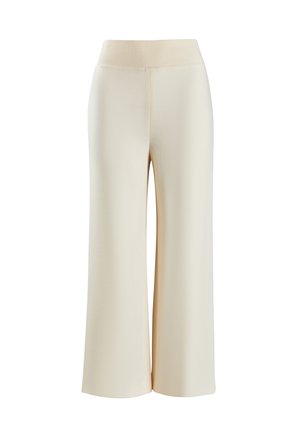 Pantalons à larges jambes de couleur crème, fabriqués dans un matériau doux et extensible avec une taille côtelée. Texture lisse sans motifs ni accents visibles.