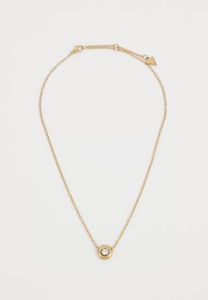 Gold chain necklace featuring a round pendant with a central stone surrounded by small accents, creating a textured design.