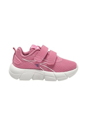 Scarpa da ginnastica rosa per bambini con mesh traspirante, due cinturini in velcro, suola spessa bianca segmentata e decorazione bianca e rosa scuro.
