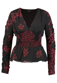 Schwarze Langarmbluse mit rotem Blumenmuster, geraffter Taille und Schößchen-Saum. Der Stoff wirkt leicht und leicht durchsichtig.