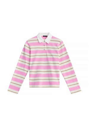 Langarm poloshirt met roze, witte en beige horizontale strepen en een witte kraag, dichtgeknoopt bij de hals.