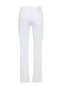 Weiße Jeans mit geradem Bein, Rückansicht, mit zwei Gesäßtaschen und einem Bund mit Gürtelschlaufen.