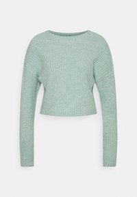 Sweater cortado verde menta com mangas longas, textura canelada e gola redonda. Material suave e design ajustado para um look elegante.