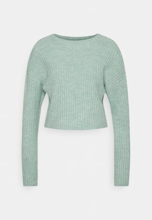 Sweater cortado verde menta com mangas longas, textura canelada e gola redonda. Material suave e design ajustado para um look elegante.