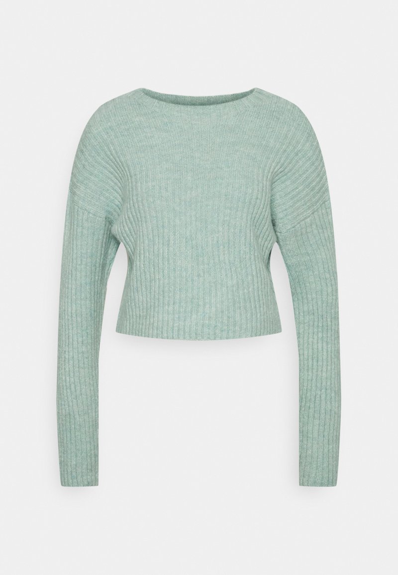 Sweater cortado verde menta com mangas longas, textura canelada e gola redonda. Material suave e design ajustado para um look elegante.