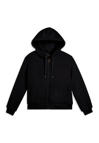 Felpa nera con zip, cappuccio e cordoncini, maniche lunghe e due tasche frontali, posata su uno sfondo bianco.