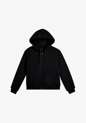 Hoodie en polaire noire zippé avec cordons, manches longues et deux poches avant, présenté à plat sur un fond blanc.
