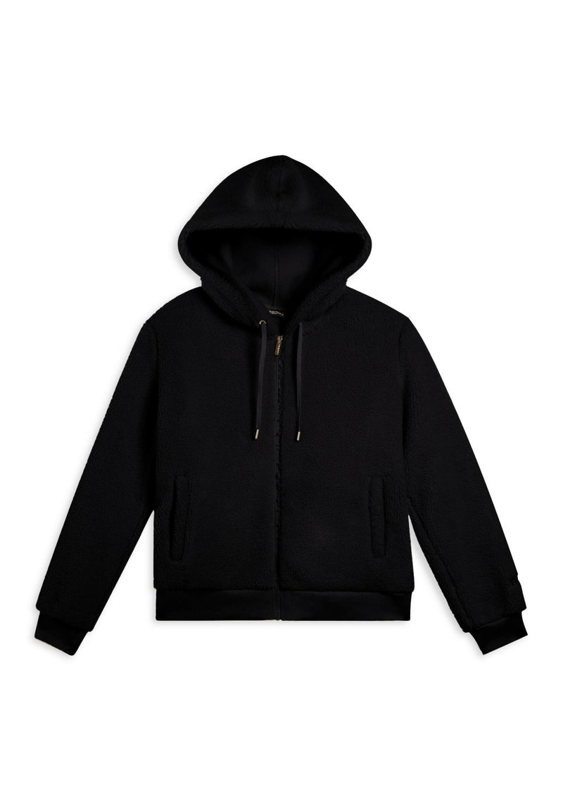 Felpa nera con zip, cappuccio e cordoncini, maniche lunghe e due tasche frontali, posata su uno sfondo bianco.