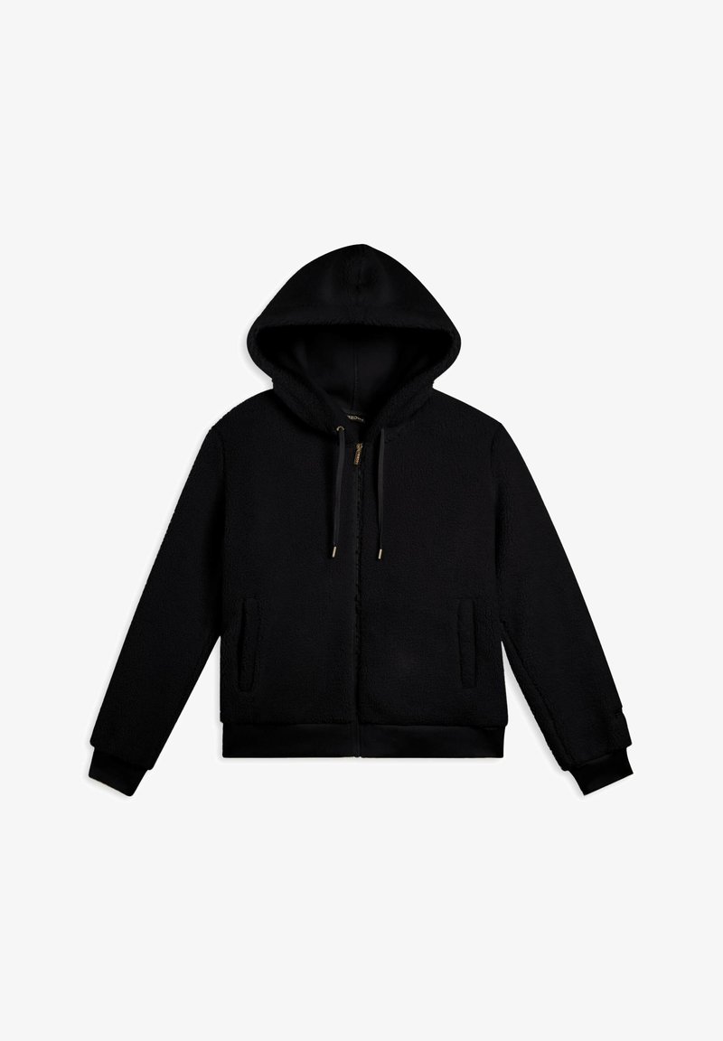Felpa nera con zip, cappuccio e cordoncini, maniche lunghe e due tasche frontali, posata su uno sfondo bianco.