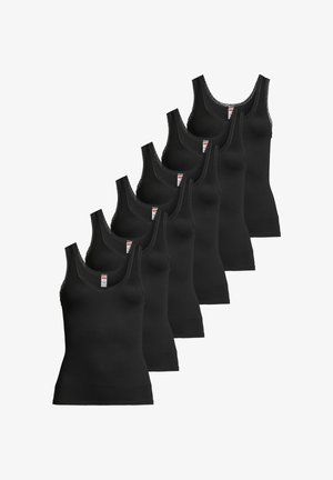 Six débardeurs noirs pour femmes avec bordure en dentelle empilés en diagonale sur un fond blanc.