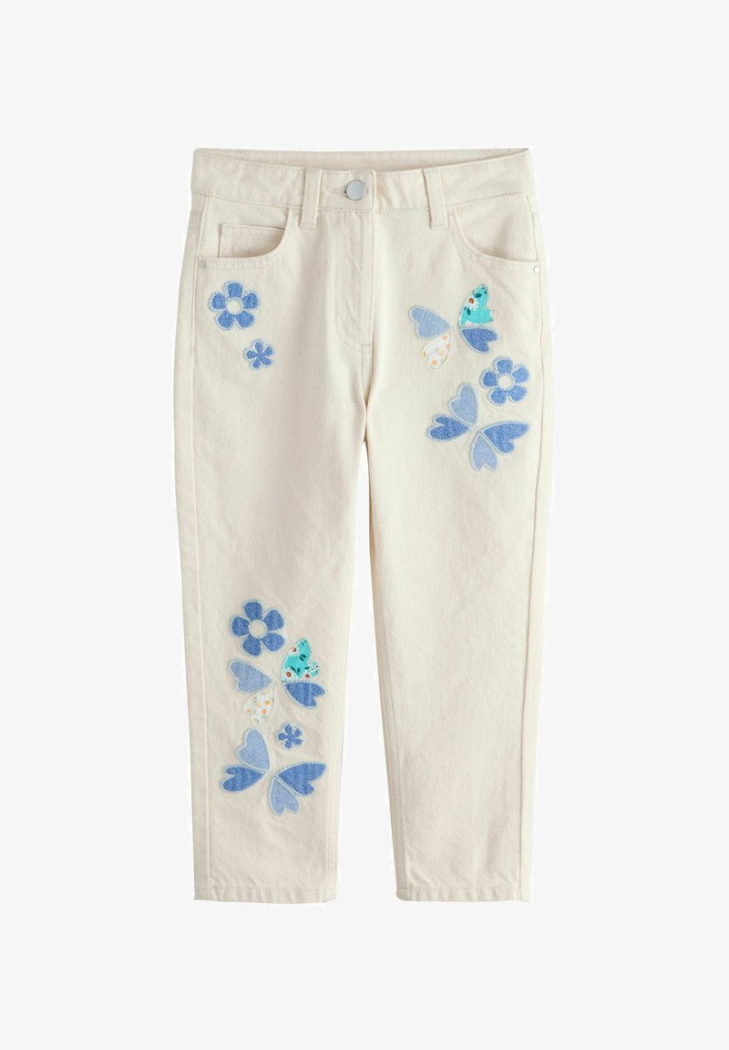 Jeans couleur crème avec broderies de papillons bleus et tons turquoise ainsi que des fleurs sur les jambes avant et les poches, dotés d'un bouton et de passants pour ceinture.