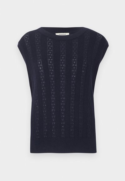 Μπλε ναυτικού χρώματος πλεκτό τοπ χωρίς μανίκια με κάθετα σχέδια από δαντέλα και ριμπ τελείωμα, στρογγυλή λαιμόκοψη και ετικέτα "Sandro" μέσα στον γιακά.