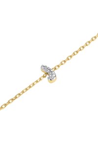 Gold chain bracelet featuring a curved silver accent adorned with clear rhinestones, showcasing a sleek design and interconnected links.