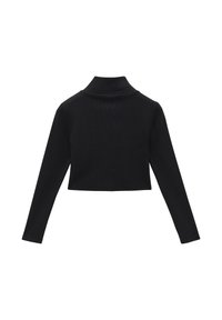 Schwarzes geripptes Rollkragenoberteil mit langen Ärmeln. Kurzes Design mit glatter Textur und enganliegender Silhouette.