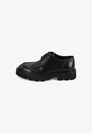 Schwarze Leder Schnürschuhe für Herren mit dicker, robuster Sohle, seitlicher Naht und glatter Oberfläche, von der Innenseite gezeigt.