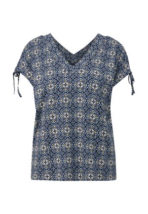 Haut à manches courtes bleu marine avec un col en V, présentant un motif géométrique floral en blanc et jaune, et un détail noué sur les manches.