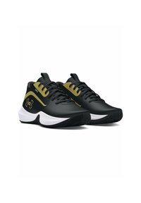 Black athletic shoes with a textured synthetic upper, featuring a gold accent stripe, white midsole, and a rubber outsole with traction patterns.