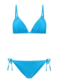 Set bikini blu con top triangolare dotato di spalline regolabili e slip con lacci laterali. Tessuto liscio con finitura opaca.