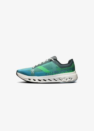 Lightweight running shoe featuring a blue upper with green accents, a breathable mesh design, and a white, cushioned sole with cutouts.
