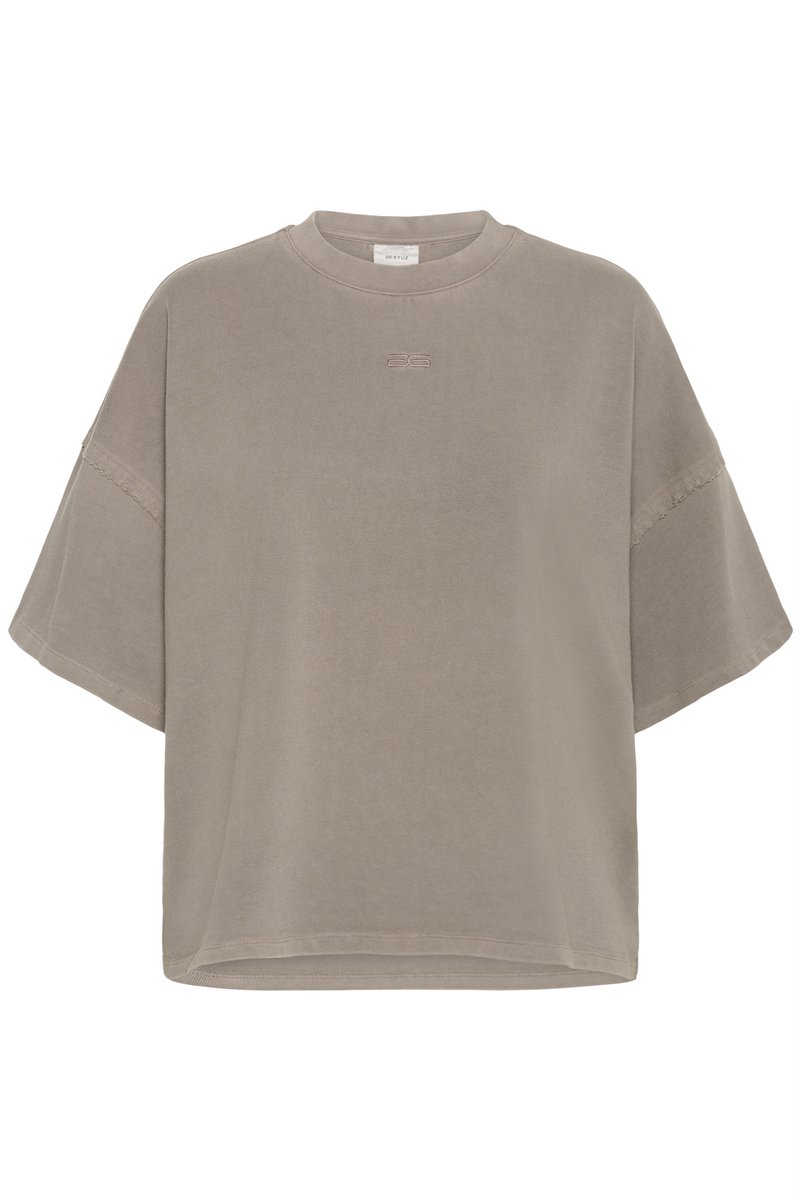 T-shirt en coton taupe surdimensionné à manches courtes, épaules tombantes et petit logo brodé centré sous l'encolure ronde.